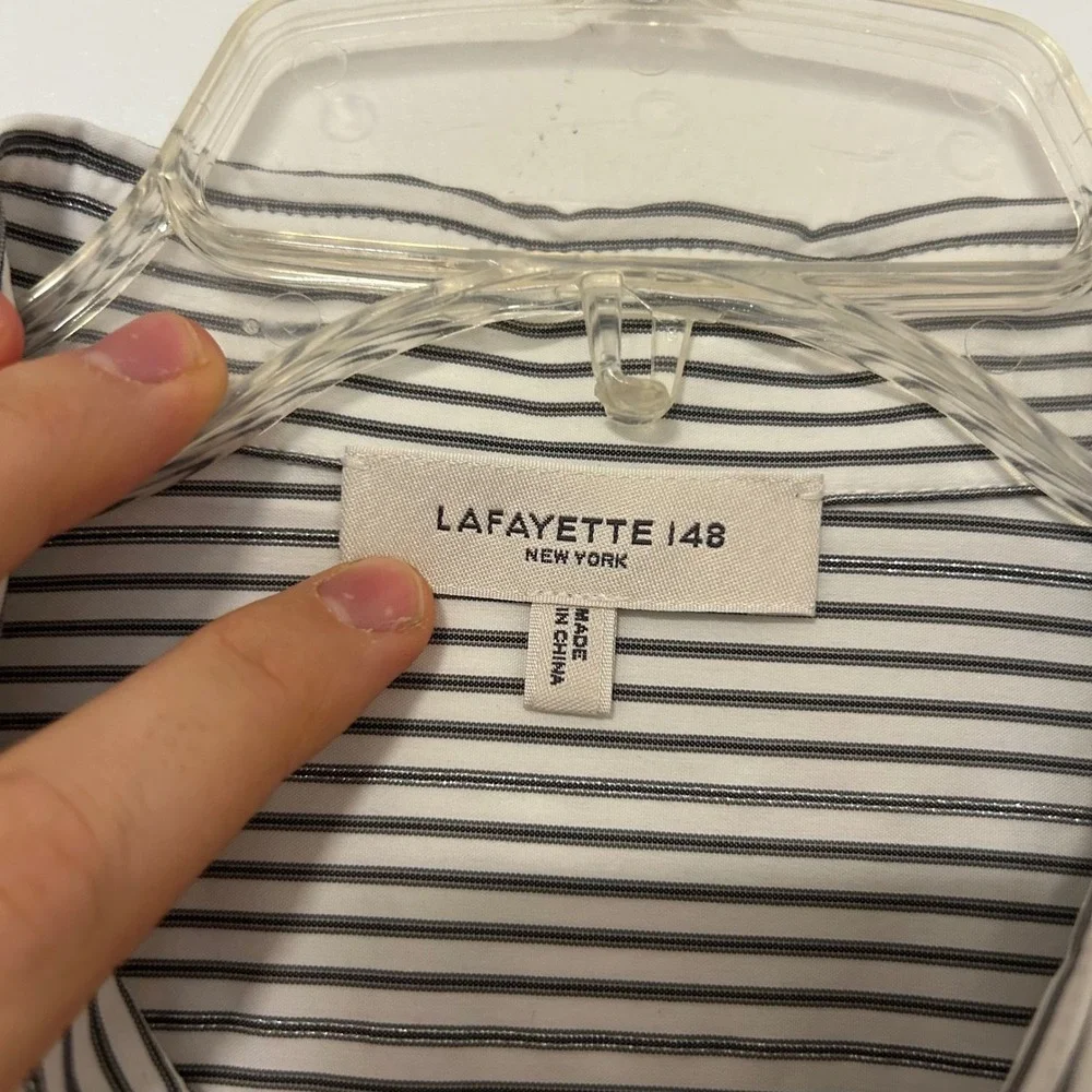 Lafayette 148 New York Striped Metallic Sparkle Cotton Blouse Shirt Large #1R63 - Picture 3 of 9